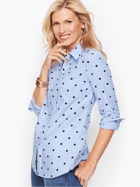Talbots Light Blue Button-Down Shirt with Navy Polka Dots